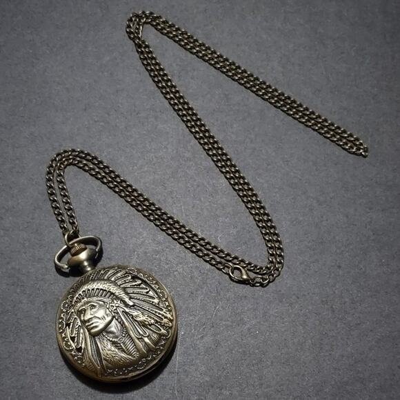 Native American Indian Chief Gold Pocket Watch Necklace Christmas Gift - New!!